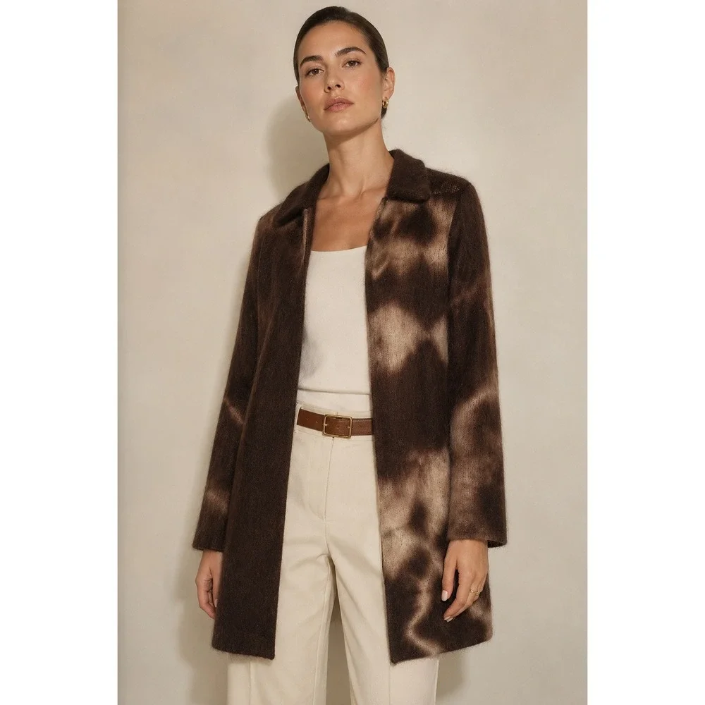 Kenneth Cole NY Mohair Wool Fuzzy Long Sweater Coat Brown Abstract Tie Dye Small